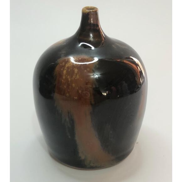 Jensen Turnage Small Art Pottery Weed Pot Bud Vase Glossy Brown Signed - Picture 1 of 4